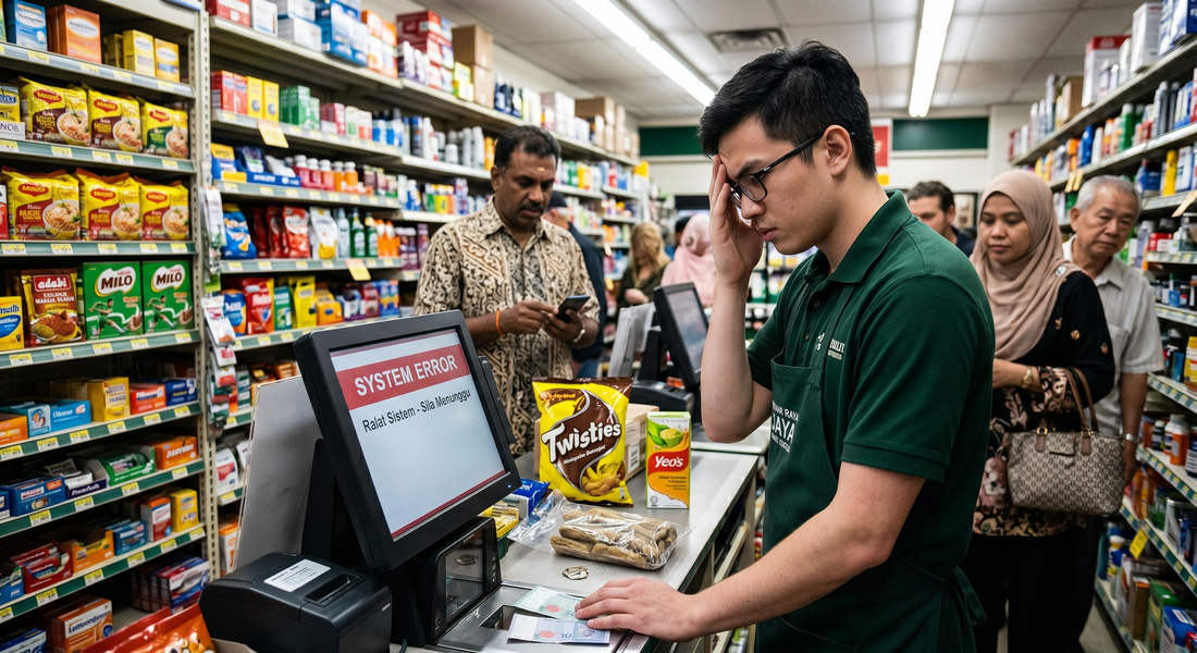 Malaysian retail store staff member frustrated with outdated POS system during busy sales period